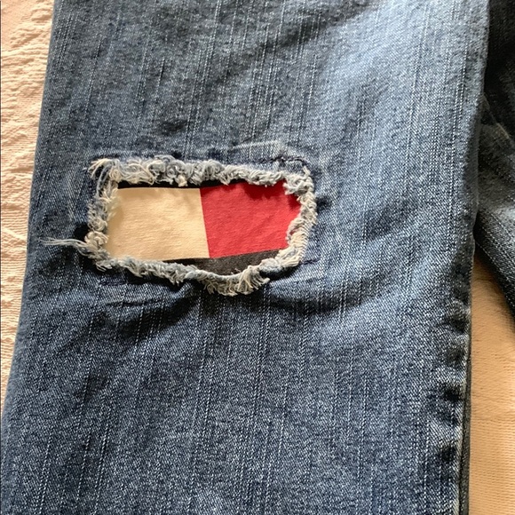 Gently Loved Distressed Blue Jeans with Red Accents by Tommy Hilfiger - Picture 3 of 8